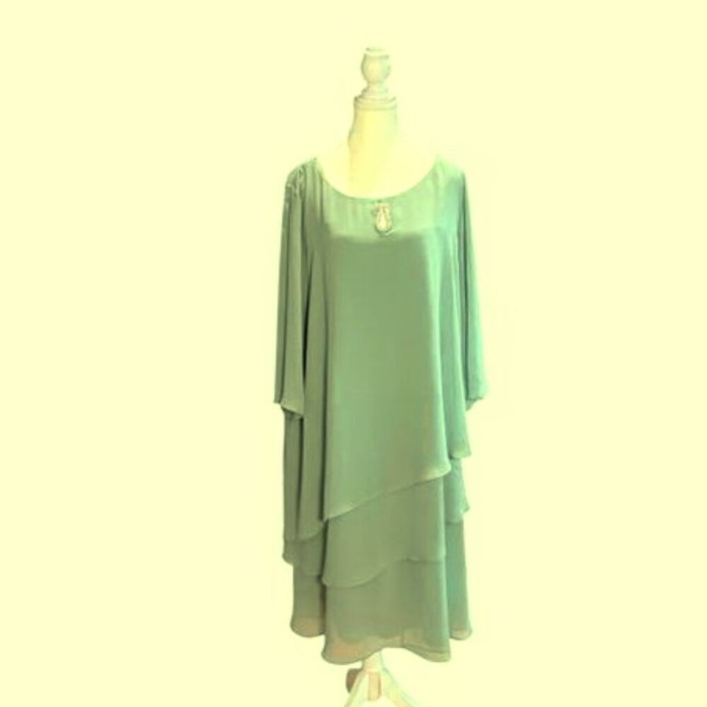 Marina Sage Green 3/4 Sleeve Tiered Ruffle Shift Dress